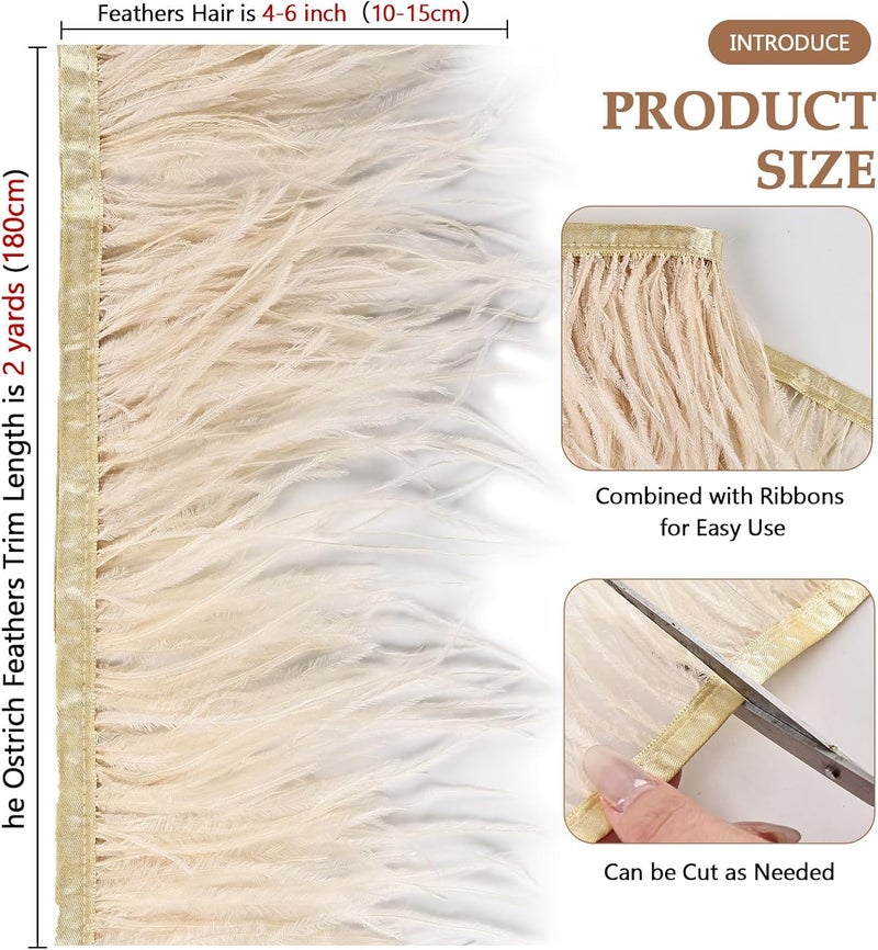 whitefeather 2 Yards 4-6inch Dyed Ostrich Feathers Trim Fringe for DIY Dress Sewing Crafts Ostrich Feathers Costumes Decoration (Champagne) - Image 2